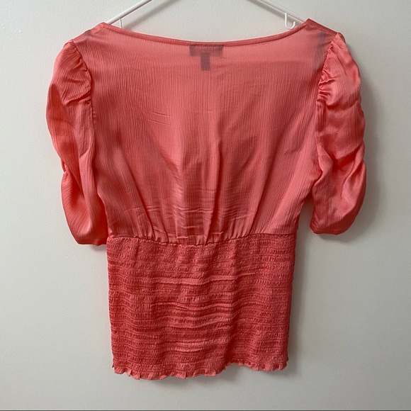 BEBE SMOCKING WAIST SILK PEACH BLOUSE - Picture 3 of 6